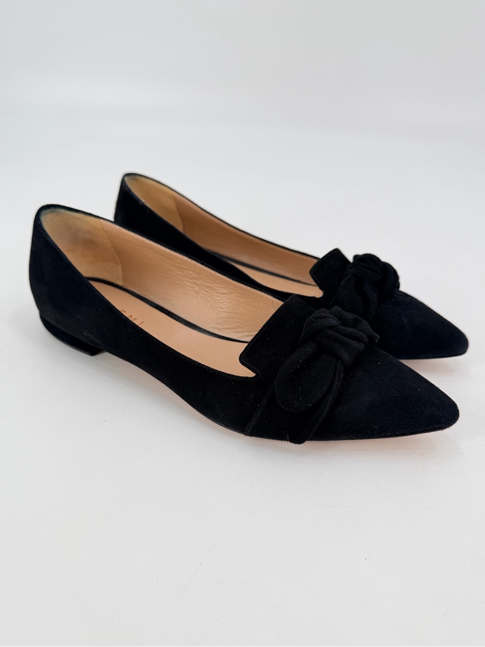 M Gemi Black Suede Bow Pointed Loafers Flats Size 40